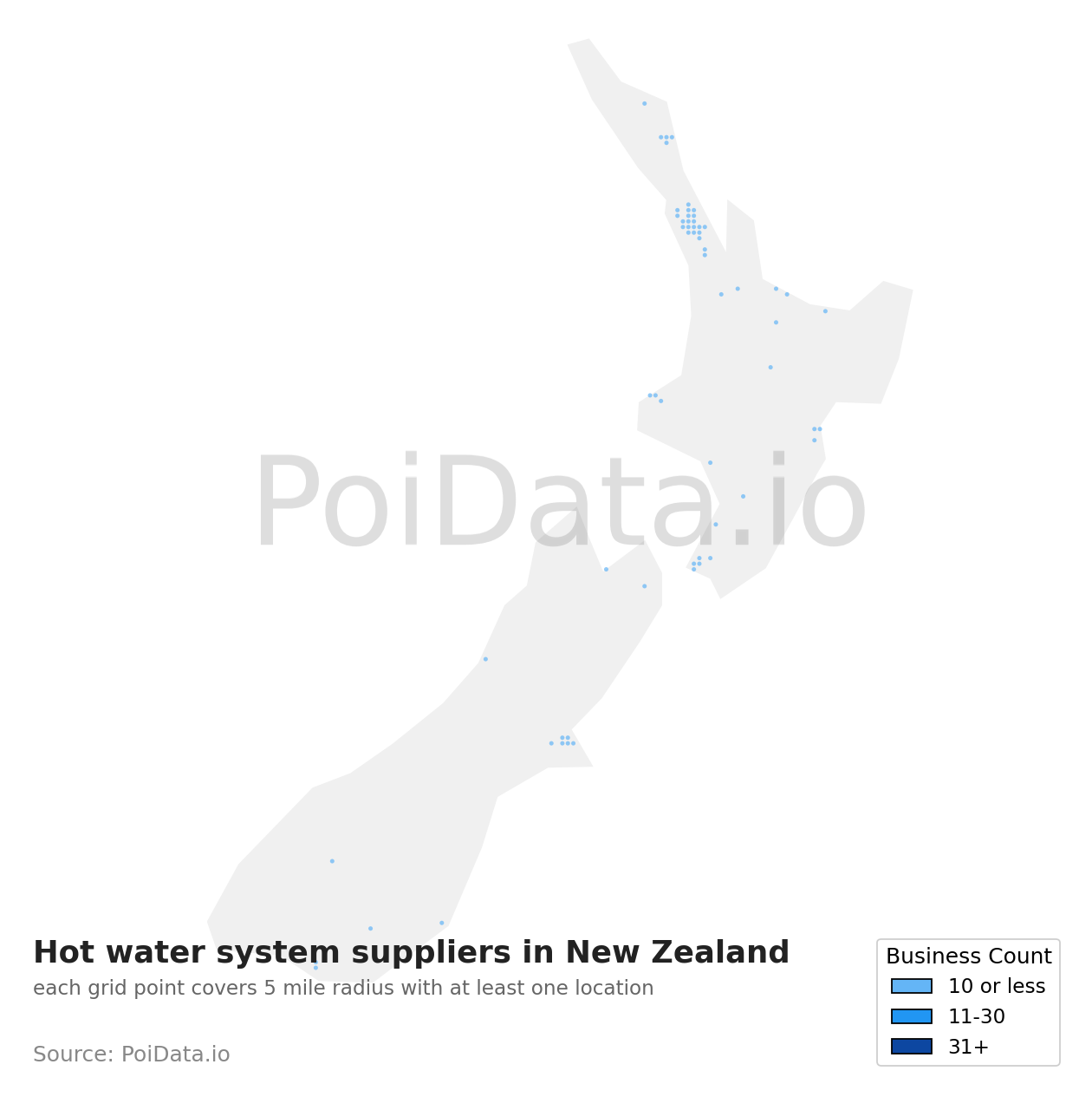 Hot water system supplier density map for New Zealand