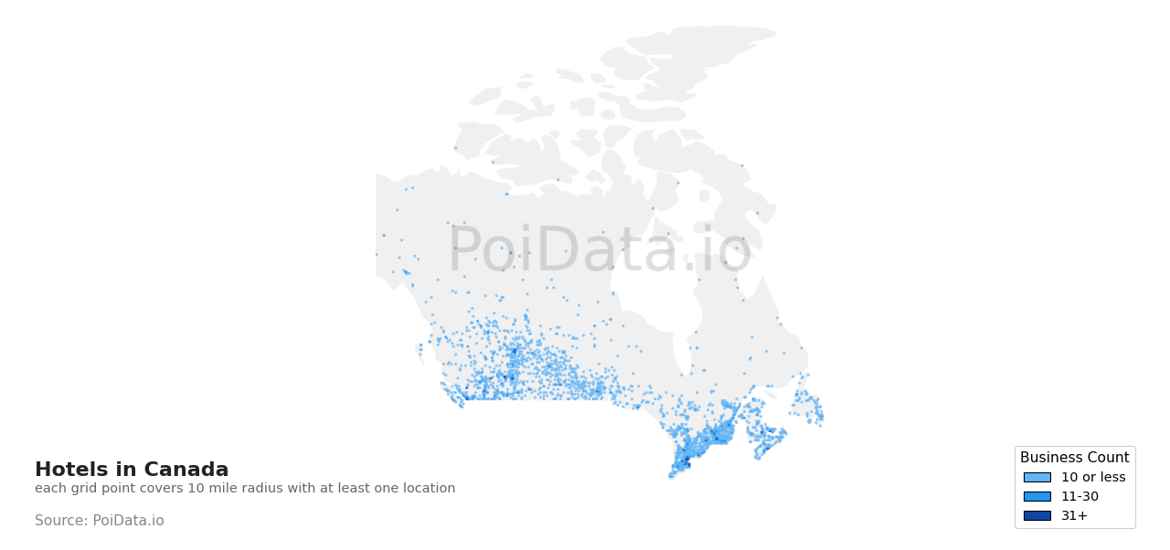 Hotel density map for Quebec, Canada