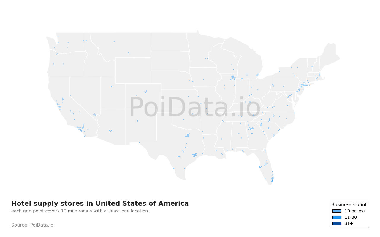 Hotel supply store density map for United States