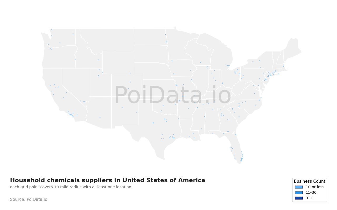 Household chemicals supplier density map for United States