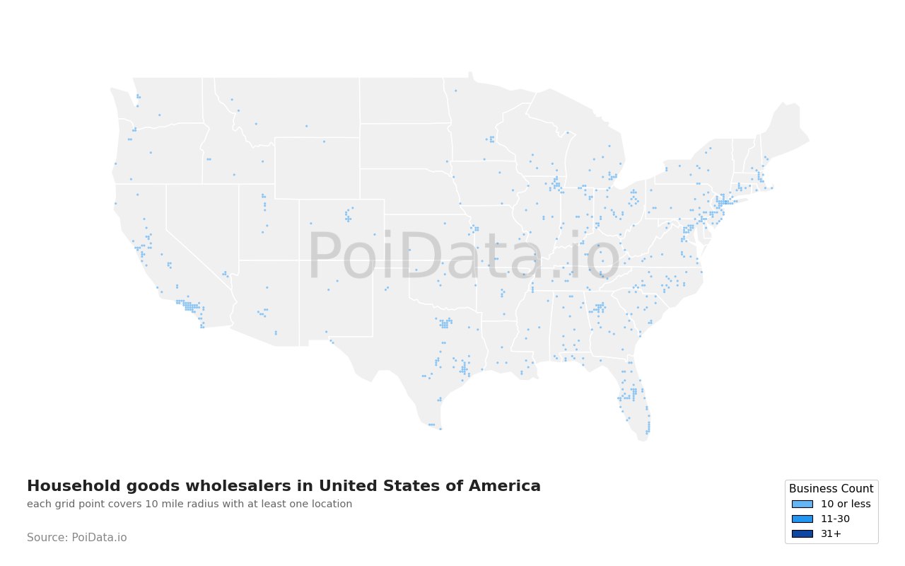Household goods wholesaler density map for Missouri, United States