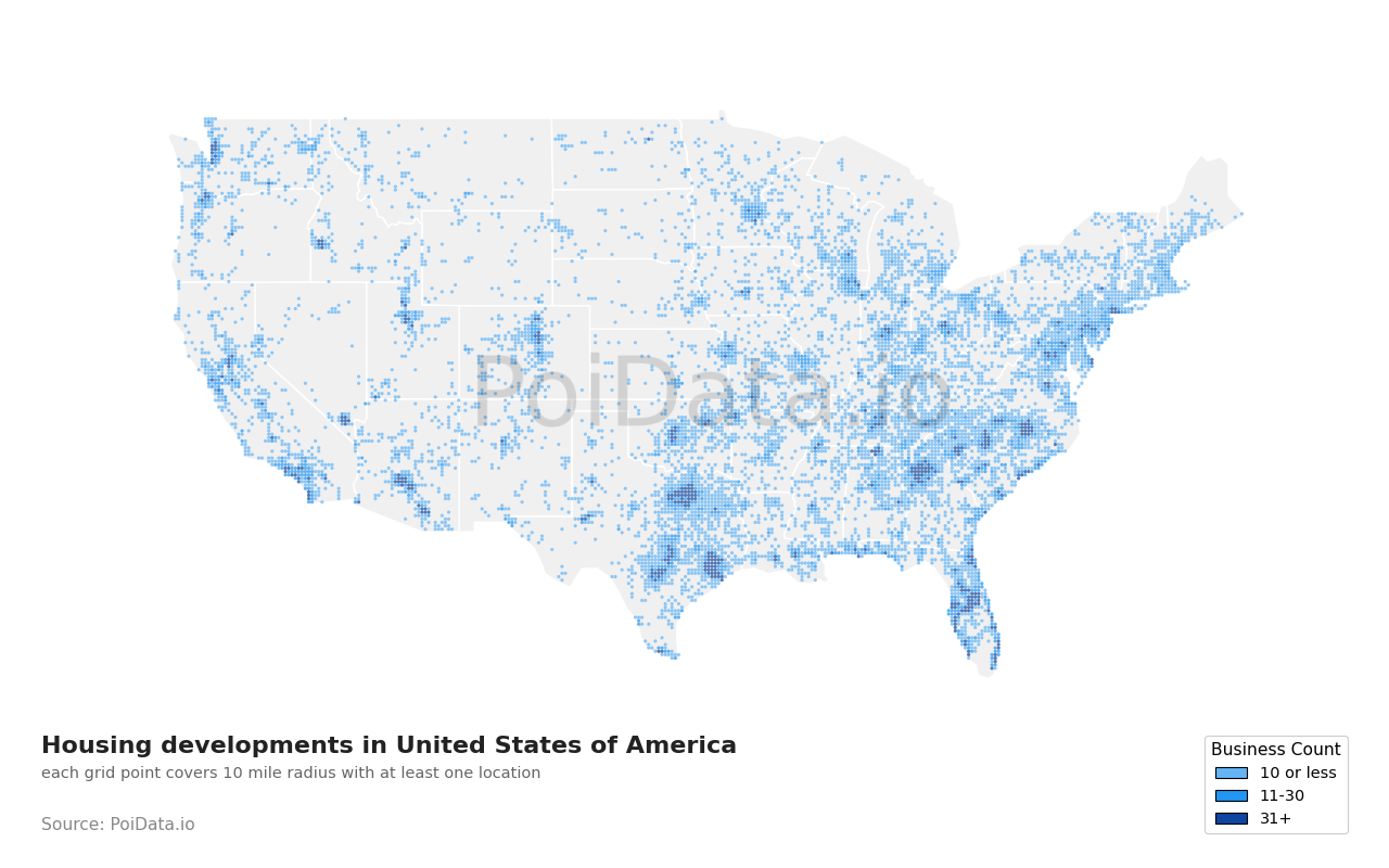 Housing development density map for Florida, United States
