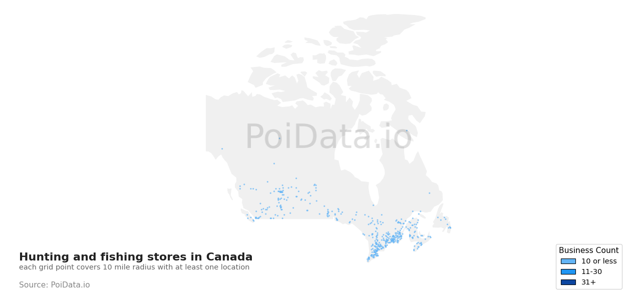 Hunting and fishing store density map for Nunavut, Canada