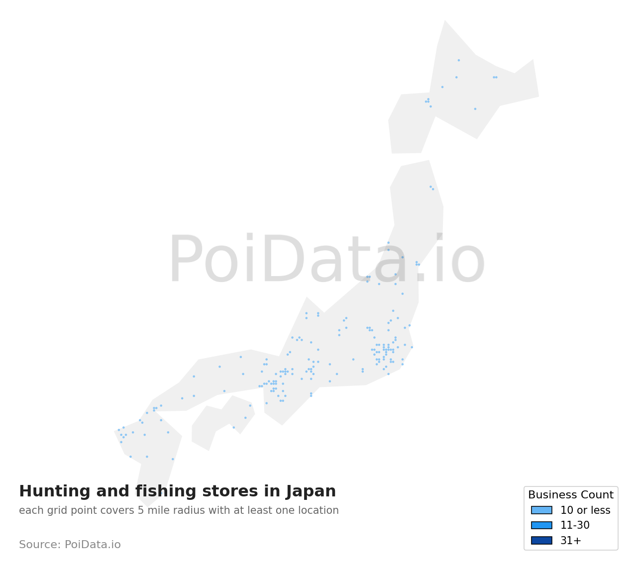 Hunting and fishing store density map for Japan