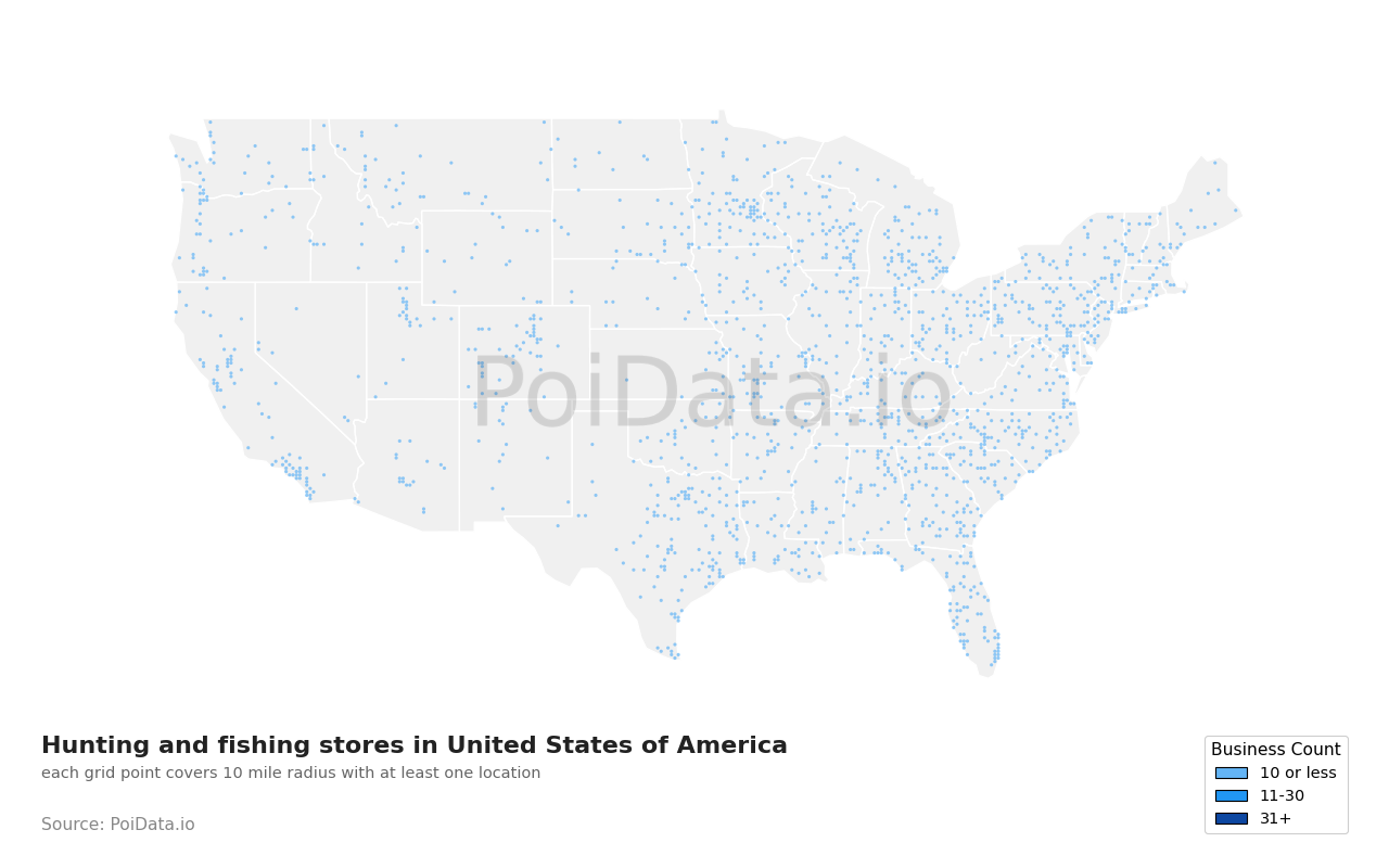 Hunting and fishing store density map for Colorado, United States