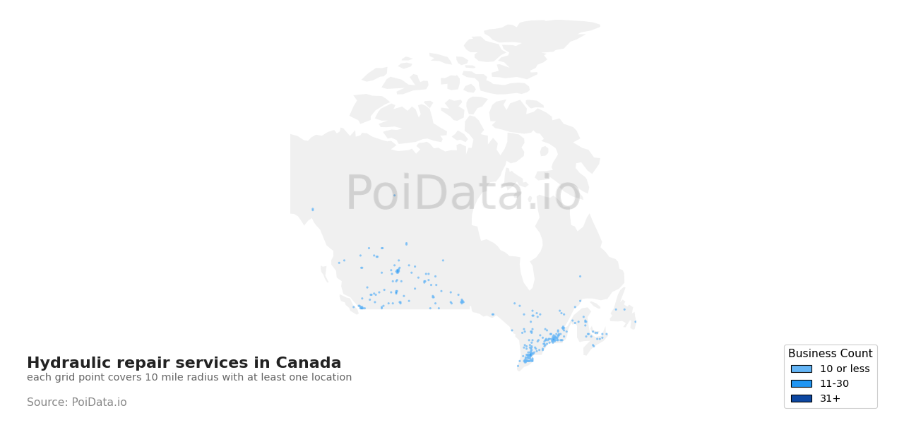 Hydraulic repair service density map for New Brunswick, Canada