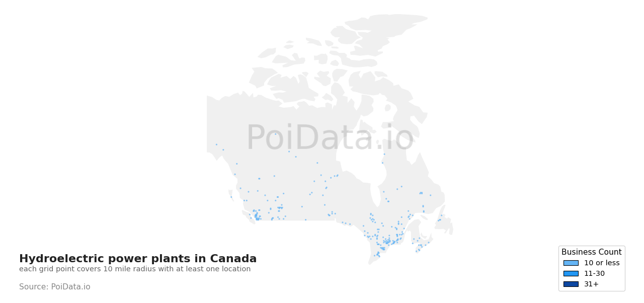 Hydroelectric power plant density map for Canada