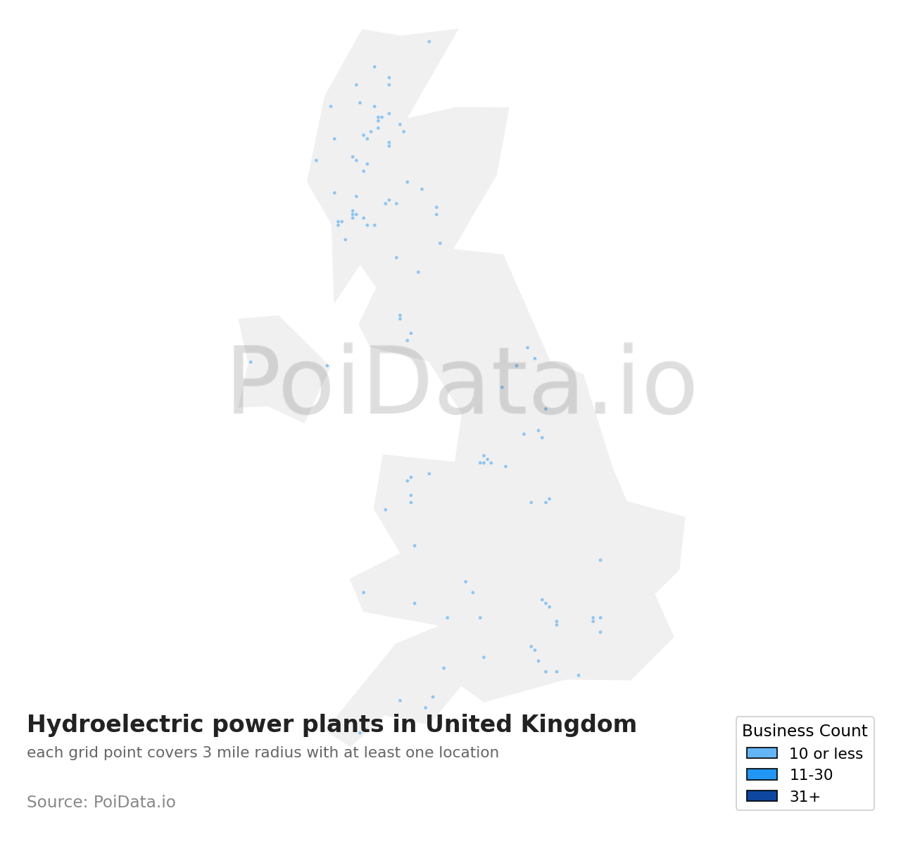 Hydroelectric power plant density map for United Kingdom