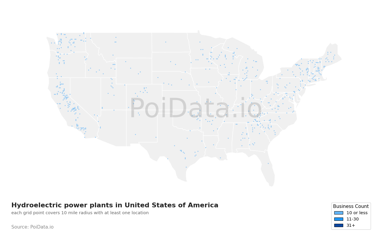 Hydroelectric power plant density map for United States