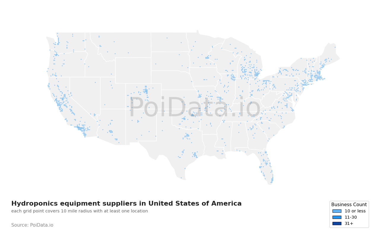Hydroponics equipment supplier density map for California, United States