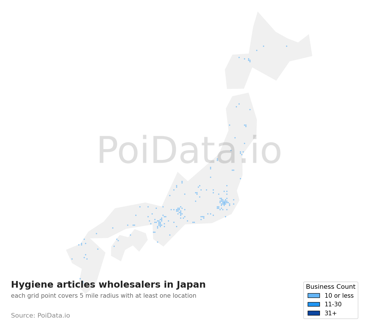 Hygiene articles wholesaler density map for Wakayama, Japan