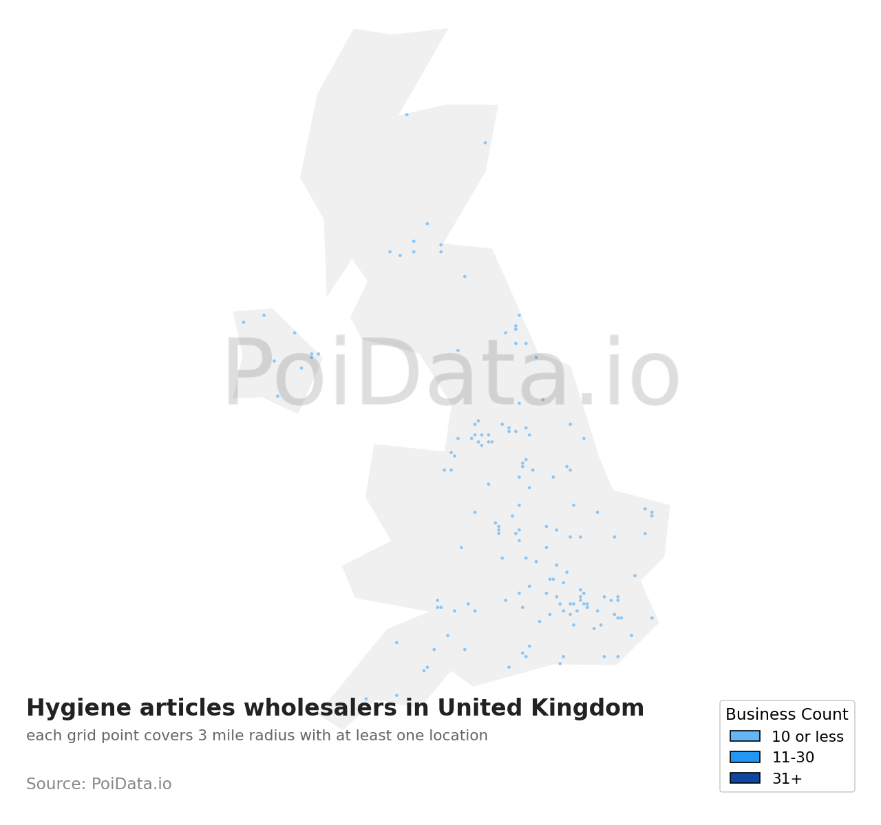 Hygiene articles wholesaler density map for United Kingdom