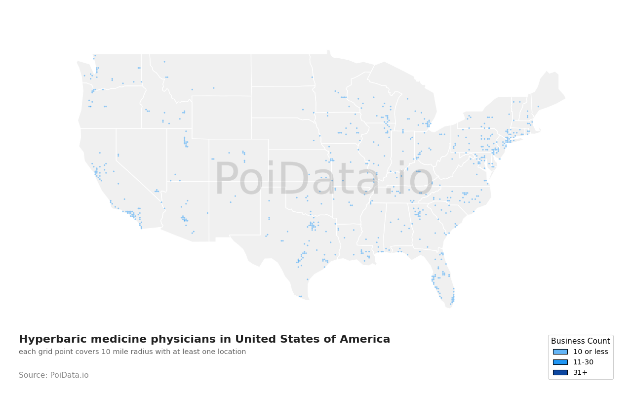 Hyperbaric medicine physician density map for United States