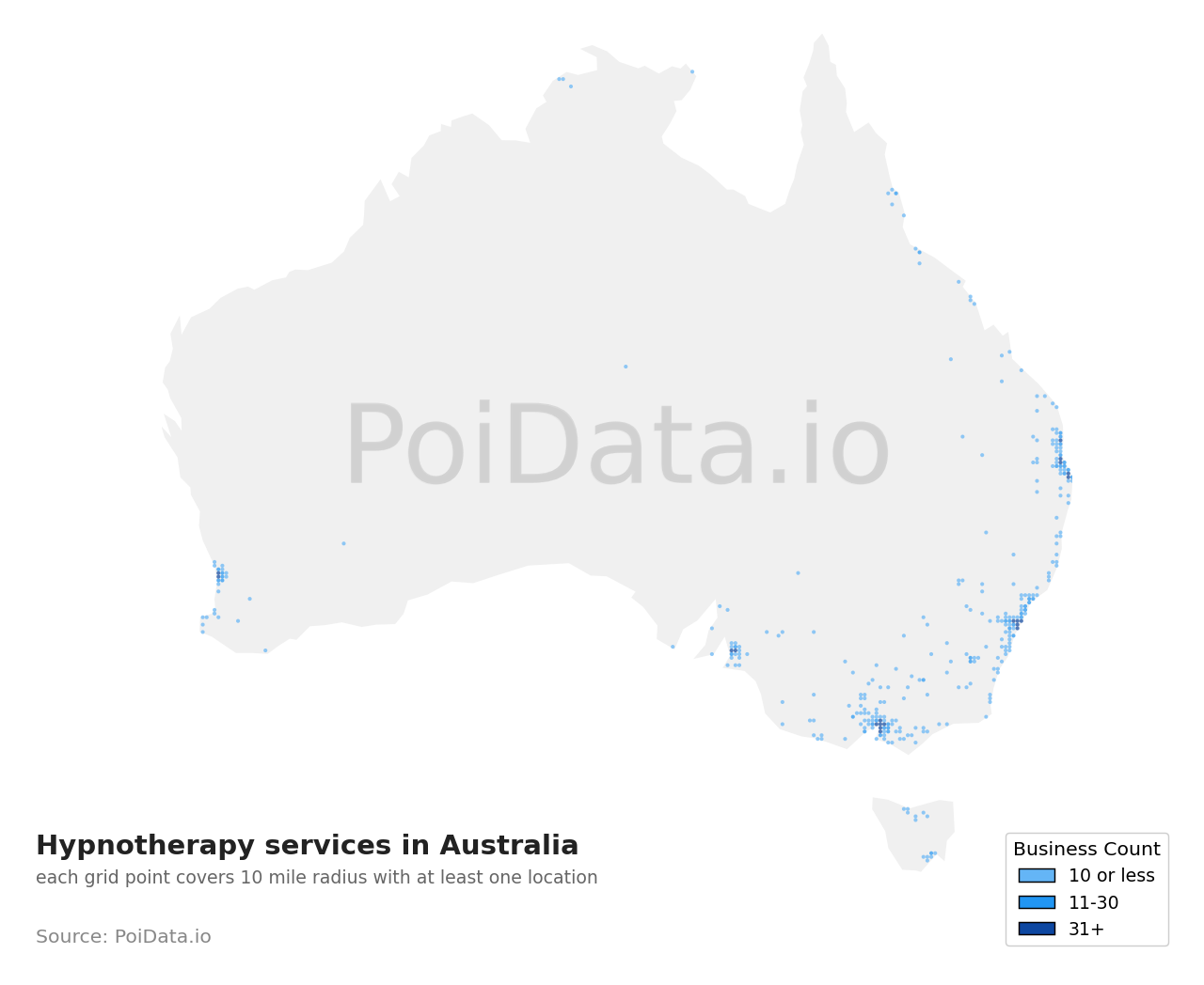 Hypnotherapy service density map for Tasmania, Australia