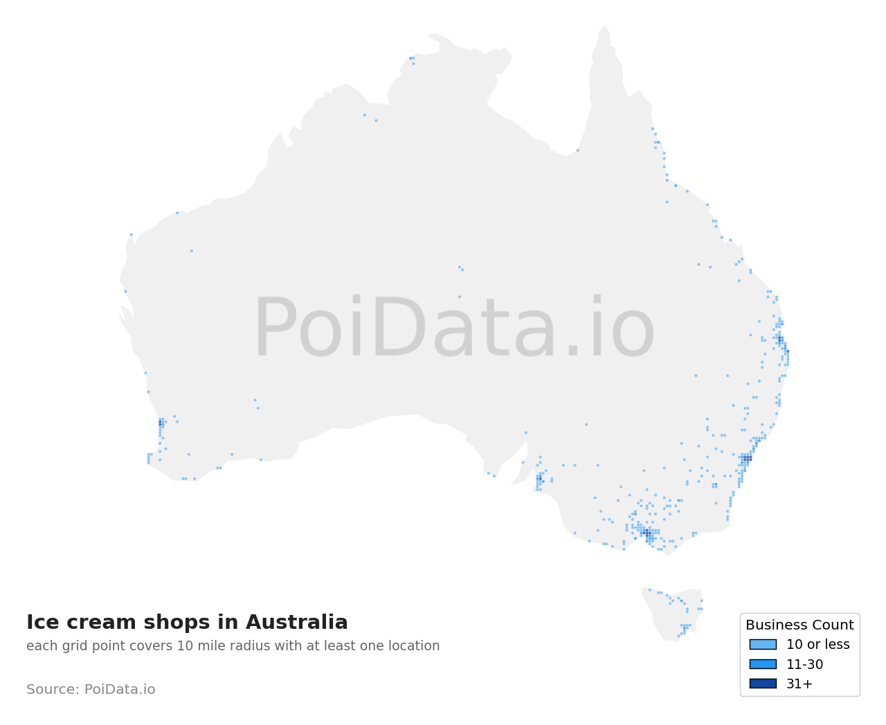 Ice cream shop density map for TAS, Australia