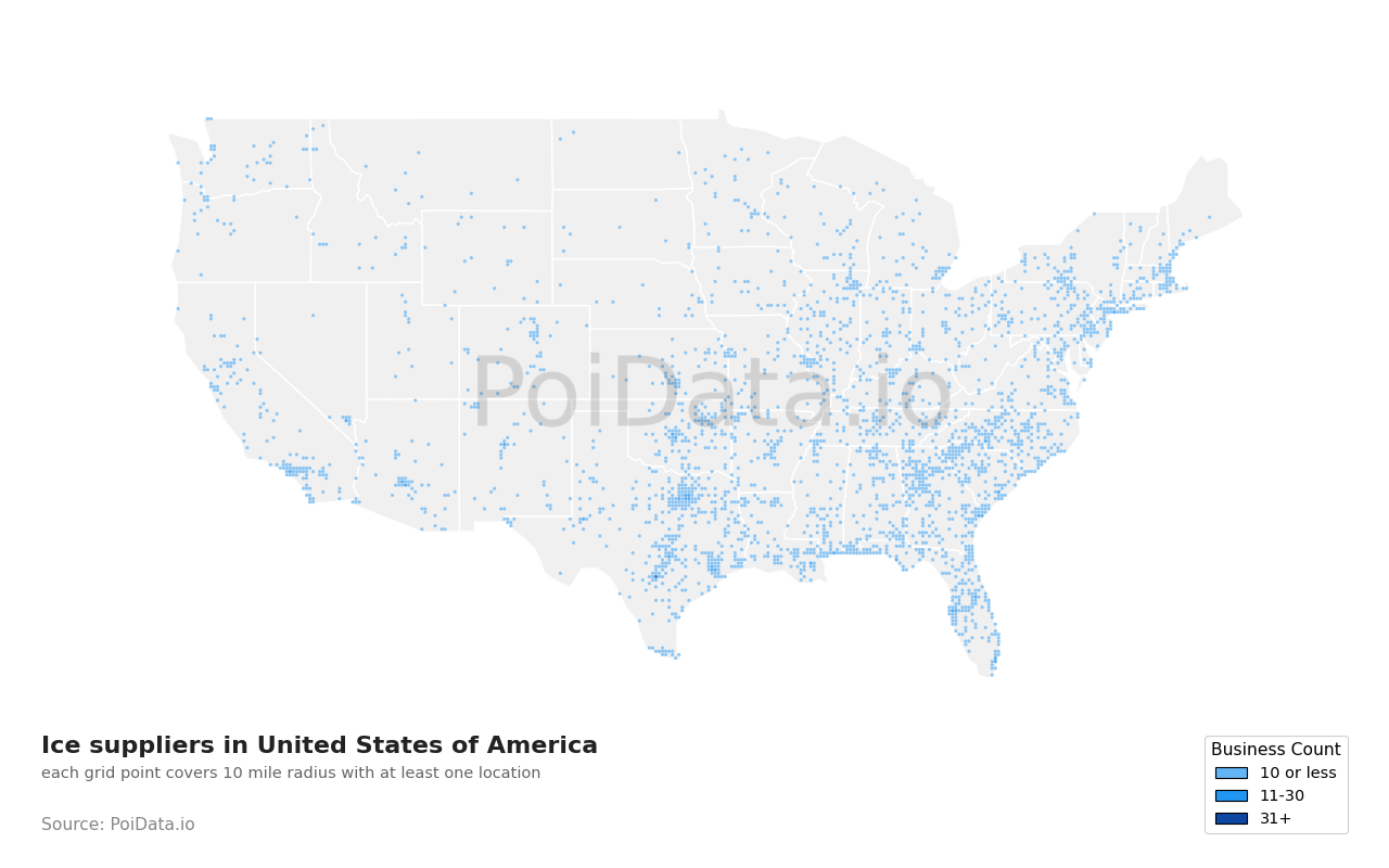 Ice supplier density map for United States