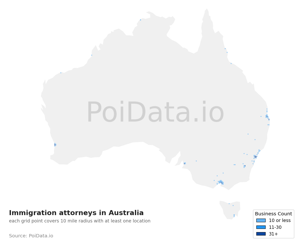 Immigration attorney density map for Australia