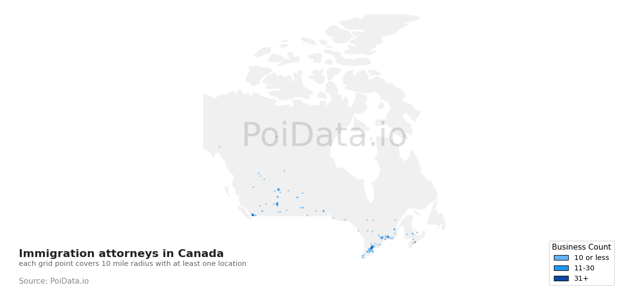 Immigration attorney density map for Canada