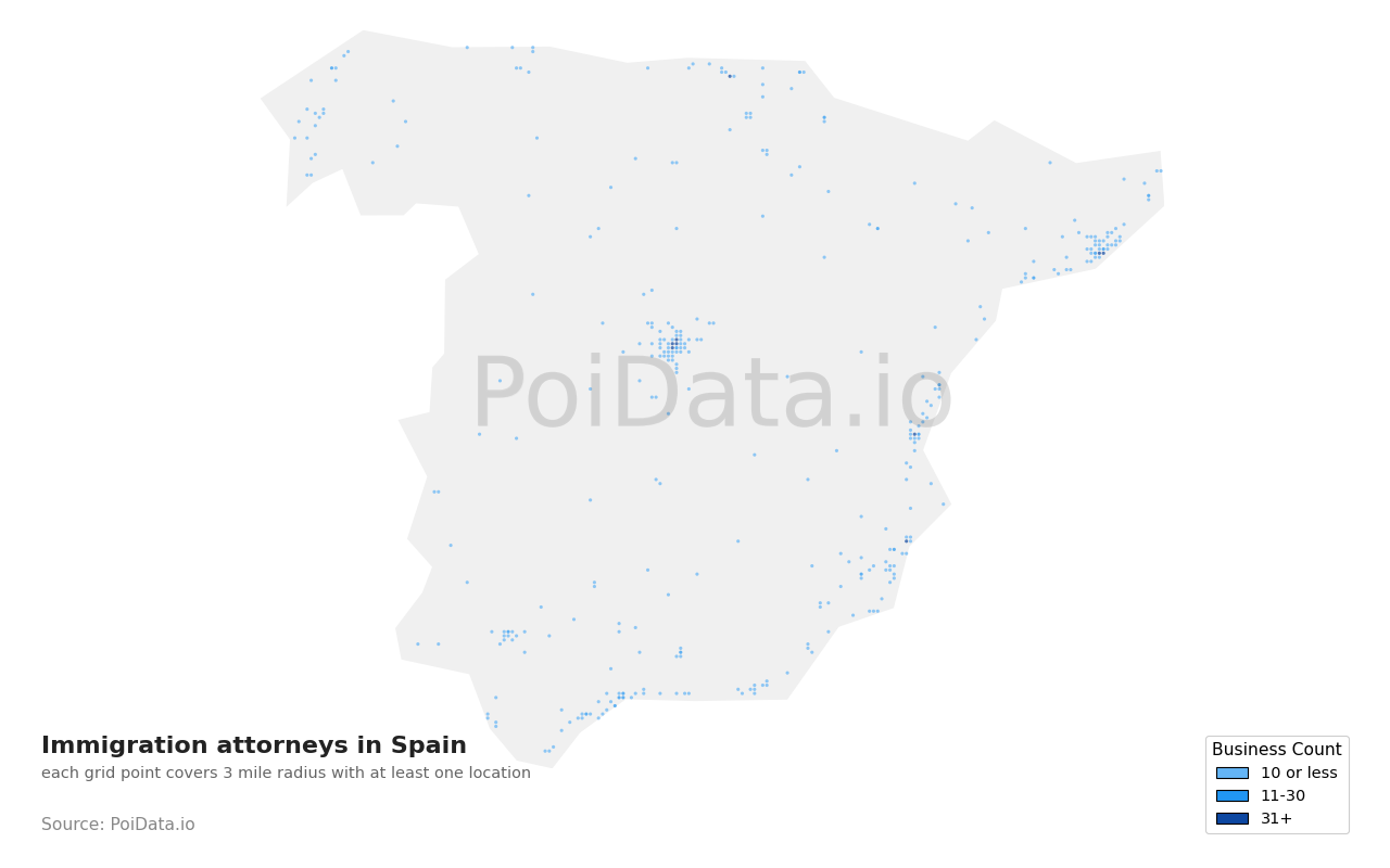 Immigration attorney density map for Spain
