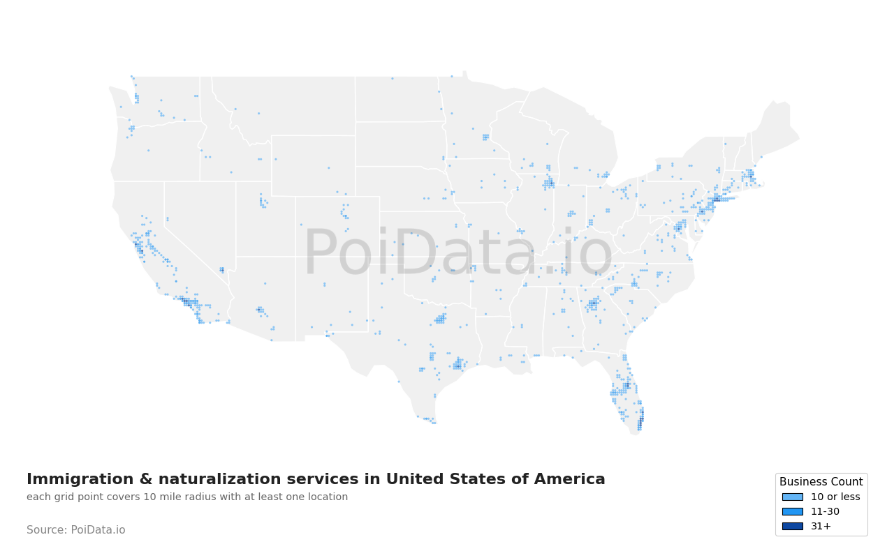 Immigration & naturalization service density map for Florida, United States