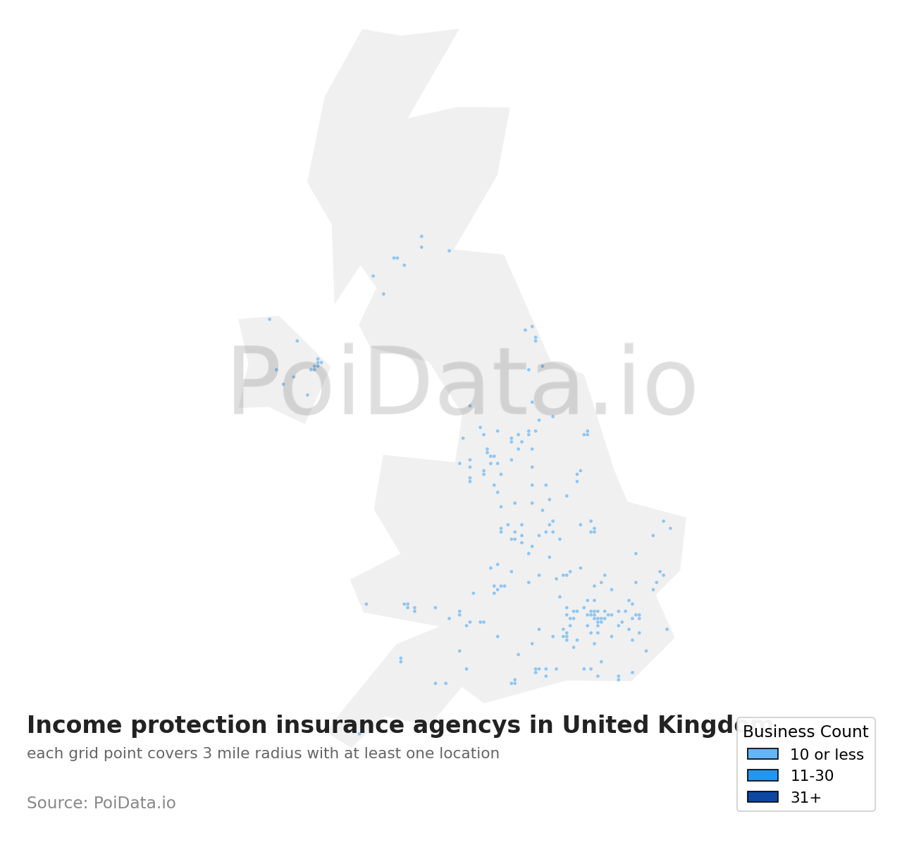 Income protection insurance agency density map for United Kingdom
