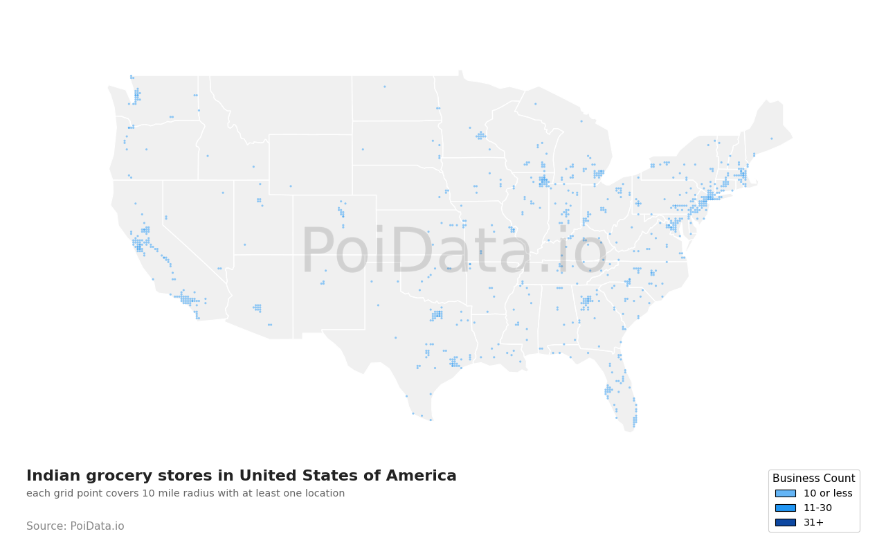 Indian grocery store density map for United States