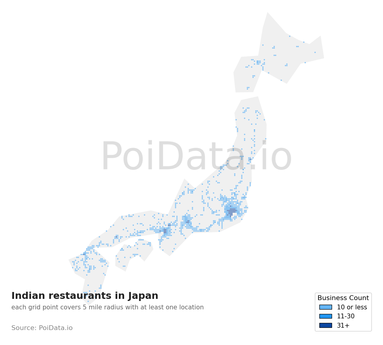 Indian restaurant density map for Japan