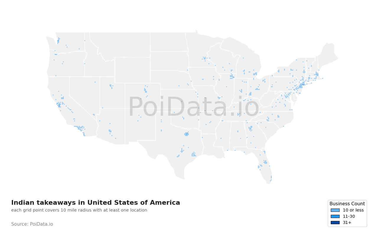 Indian takeaway density map for Florida, United States