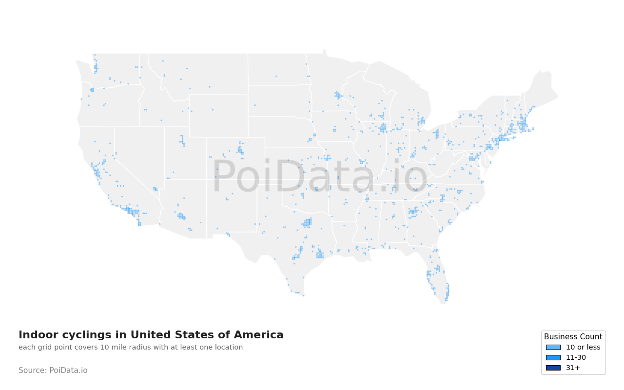 Indoor cycling density map for North Carolina, United States