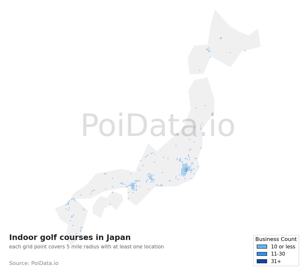 Indoor golf course density map for Japan