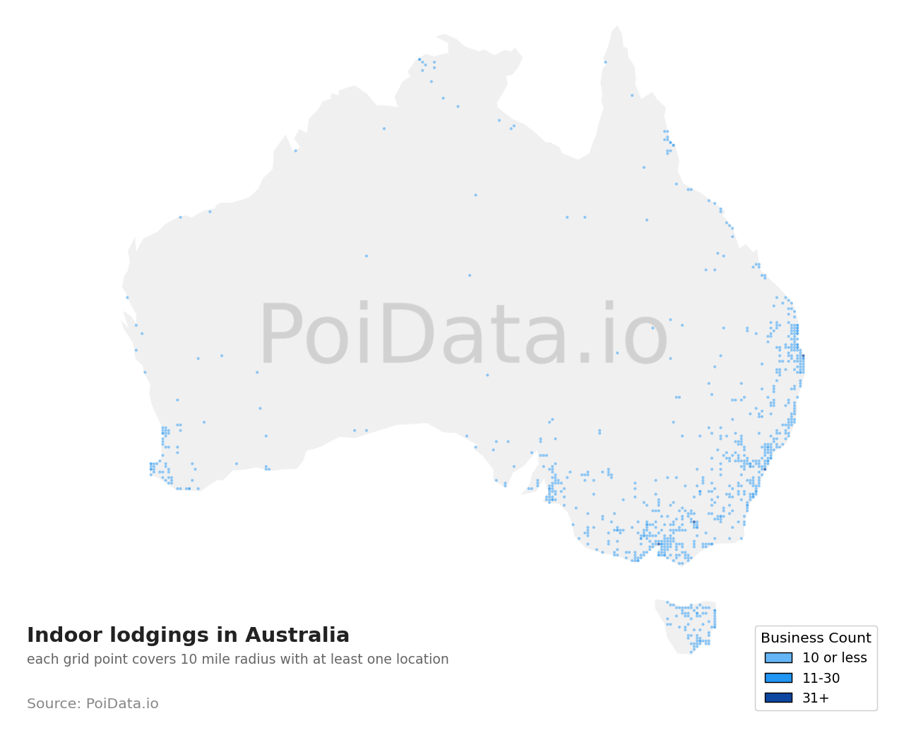 Indoor lodging density map for Australia