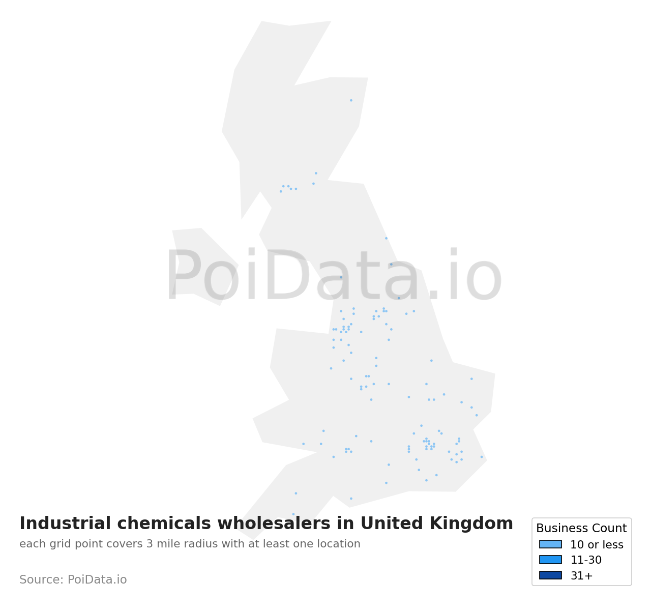 Industrial chemicals wholesaler density map for United Kingdom