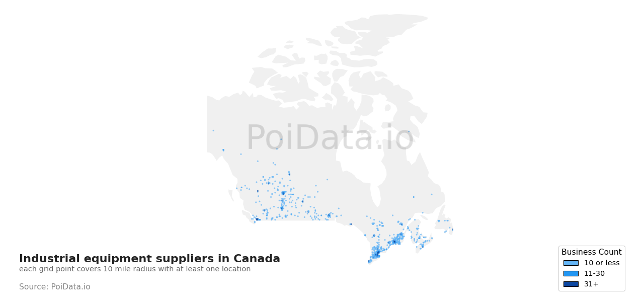 Industrial equipment supplier density map for Ontario, Canada