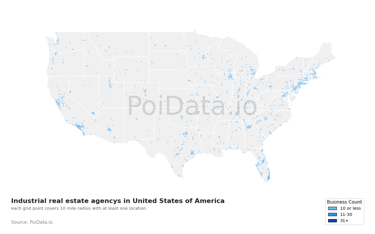 Industrial real estate agency density map for Florida, United States