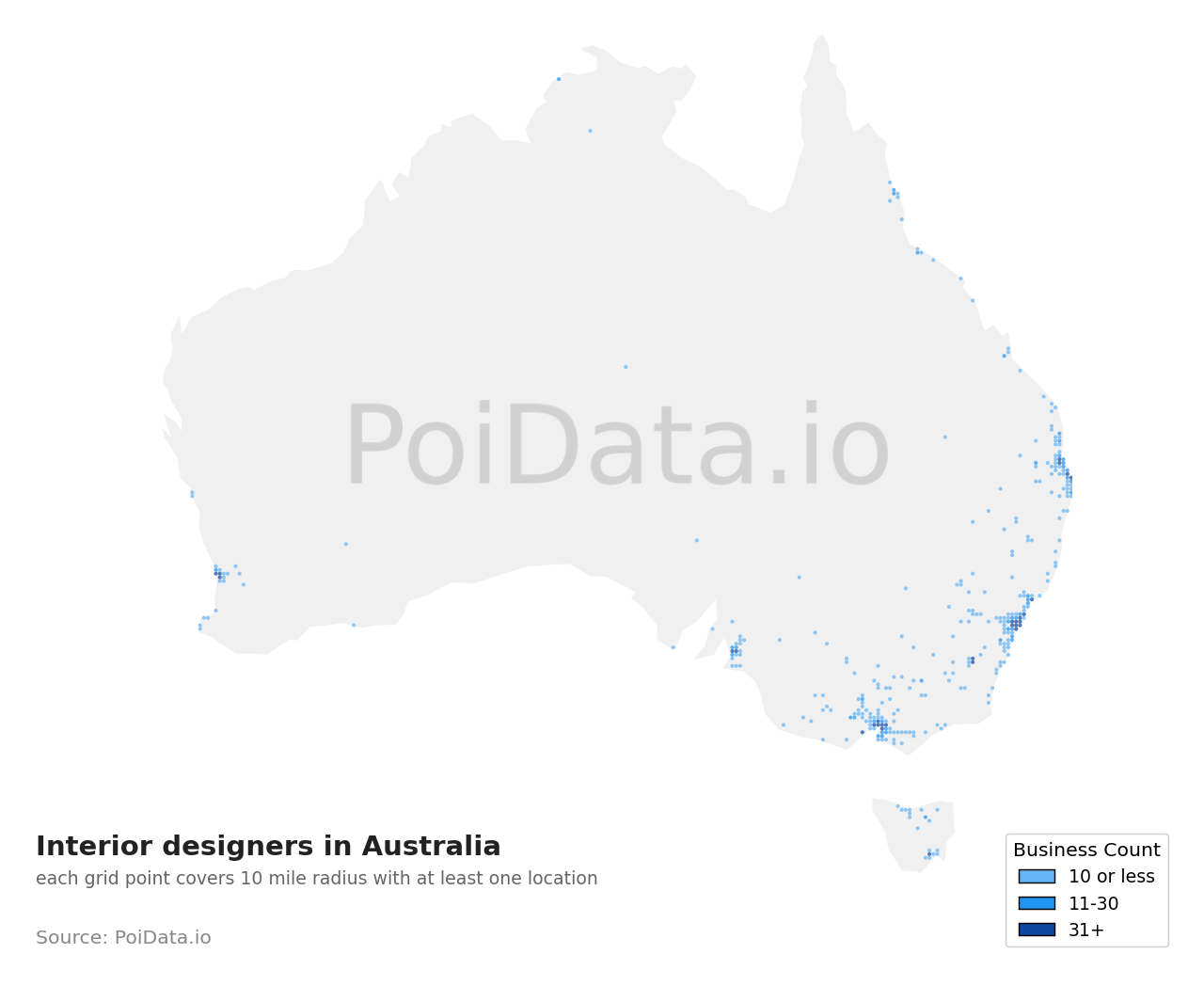 Interior designer density map for TAS, Australia
