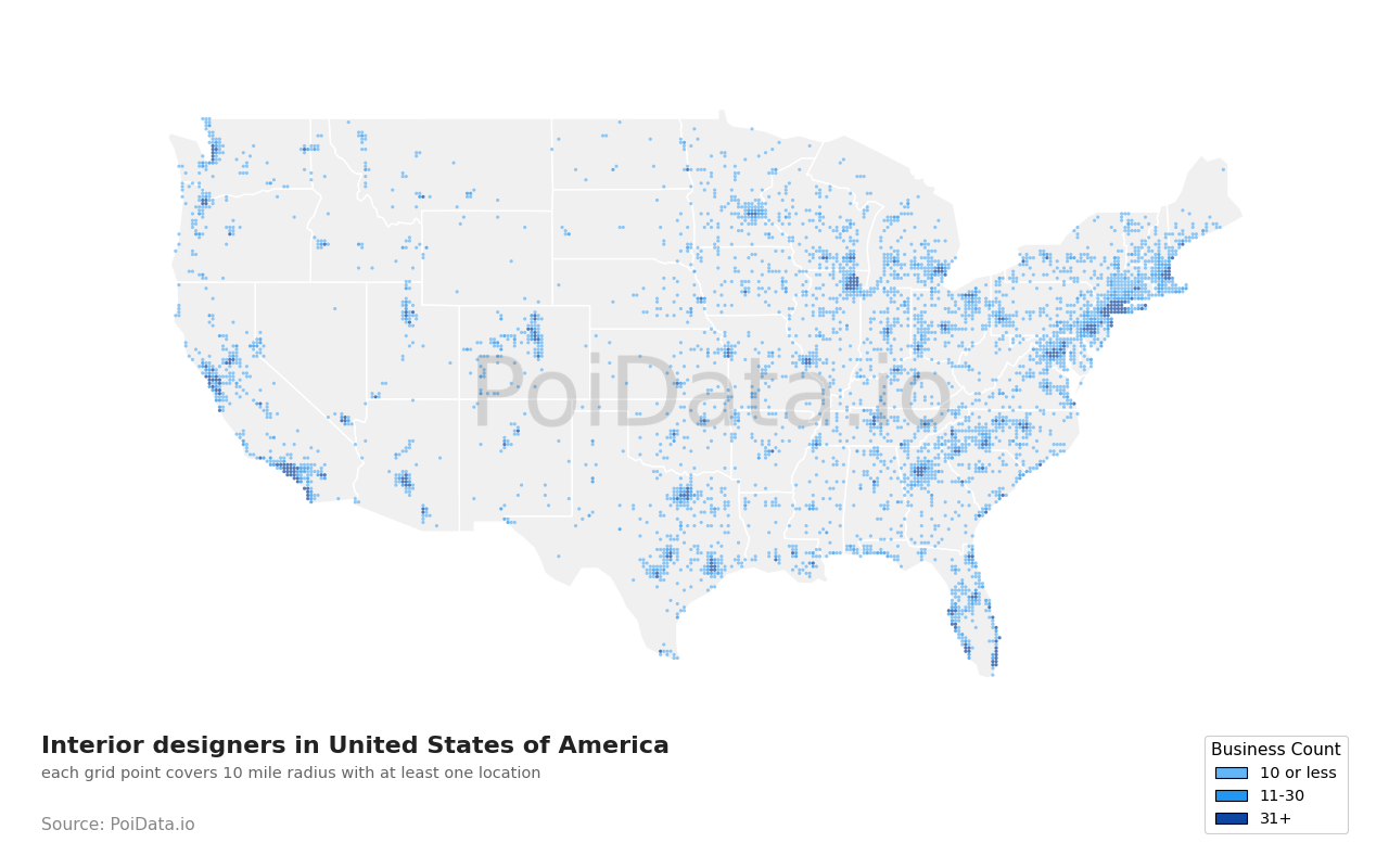 Interior designer density map for Florida, United States