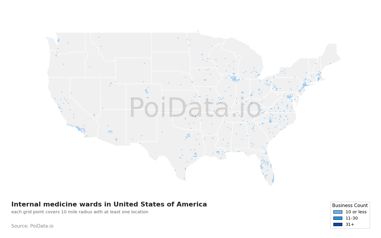 Internal medicine ward density map for United States