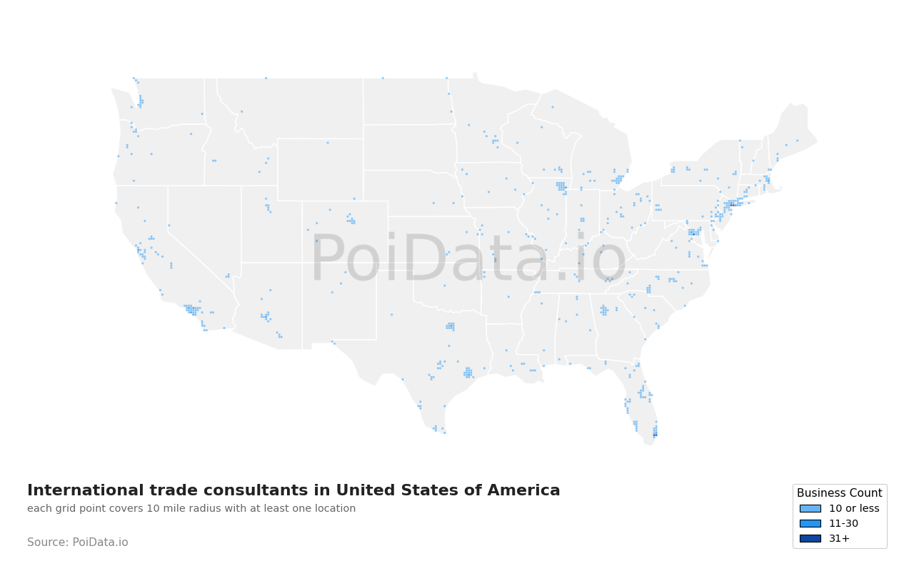 International trade consultant density map for Florida, United States