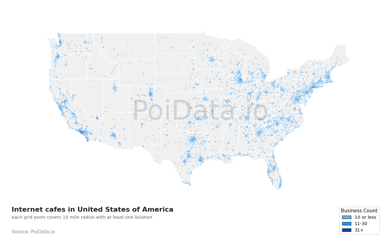 Internet cafe density map for Florida, United States