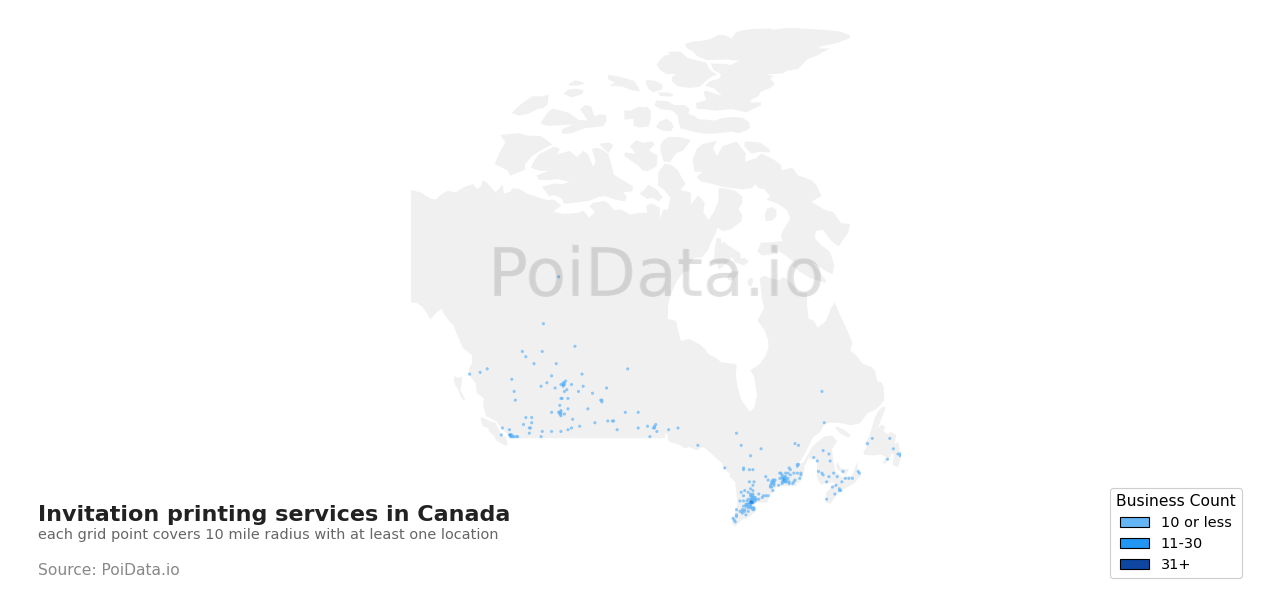 Invitation printing service density map for Quebec, Canada