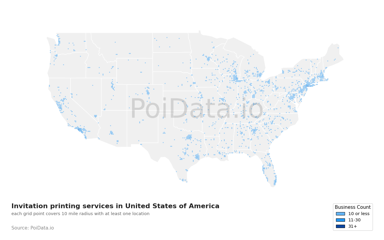Invitation printing service density map for United States
