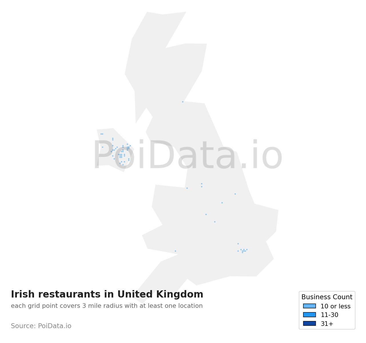 Irish restaurant density map for United Kingdom