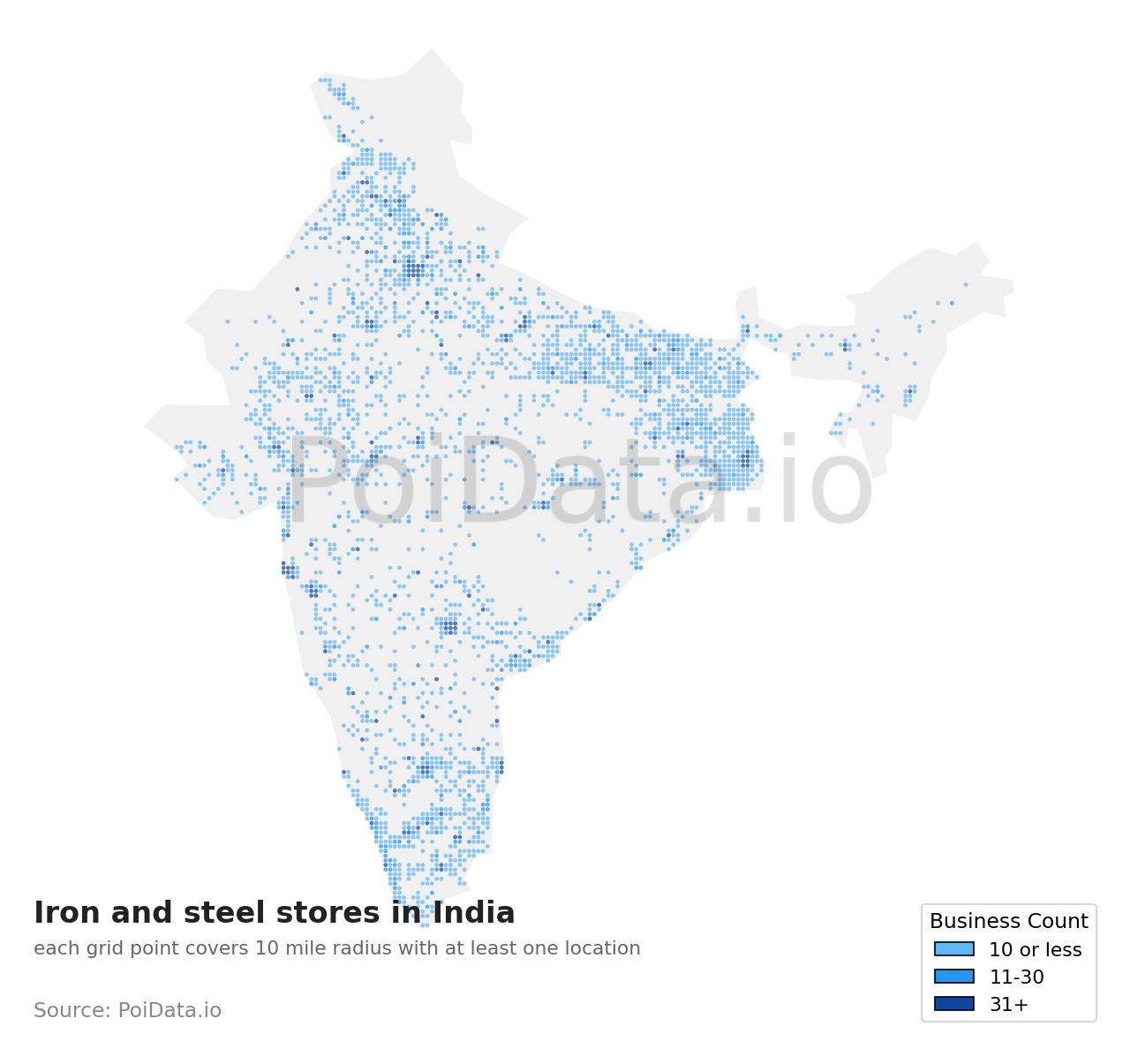 Iron and steel store density map for India