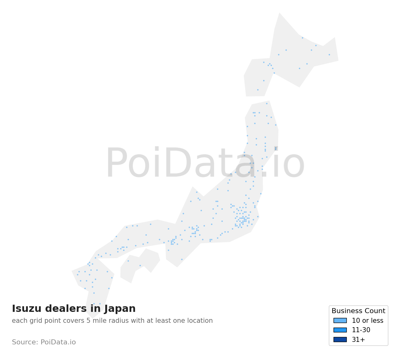 Isuzu dealer density map for Japan