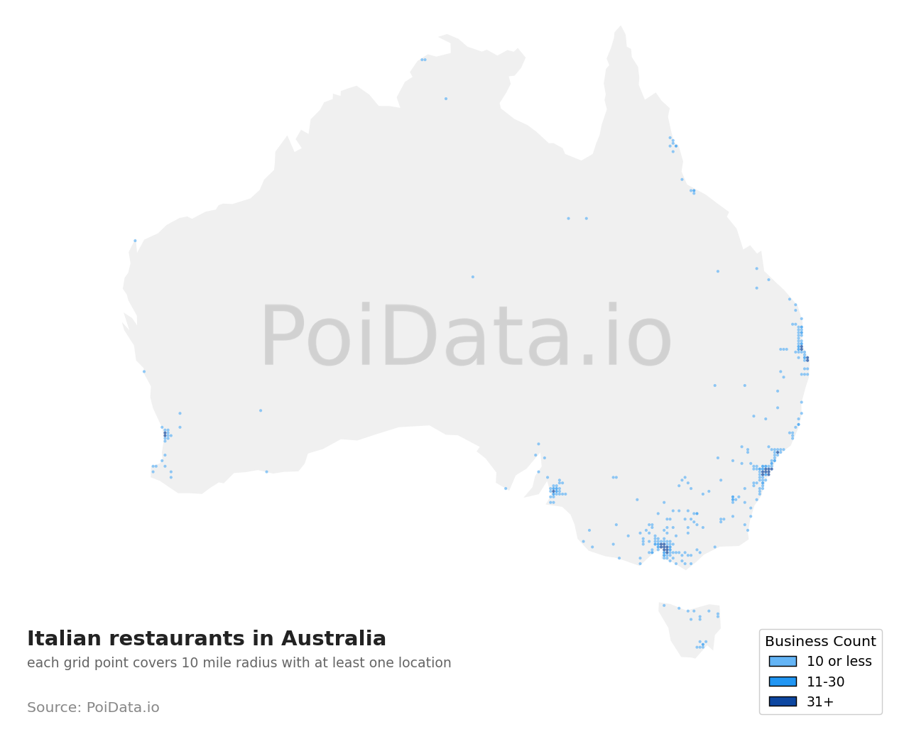 Italian restaurant density map for TAS, Australia