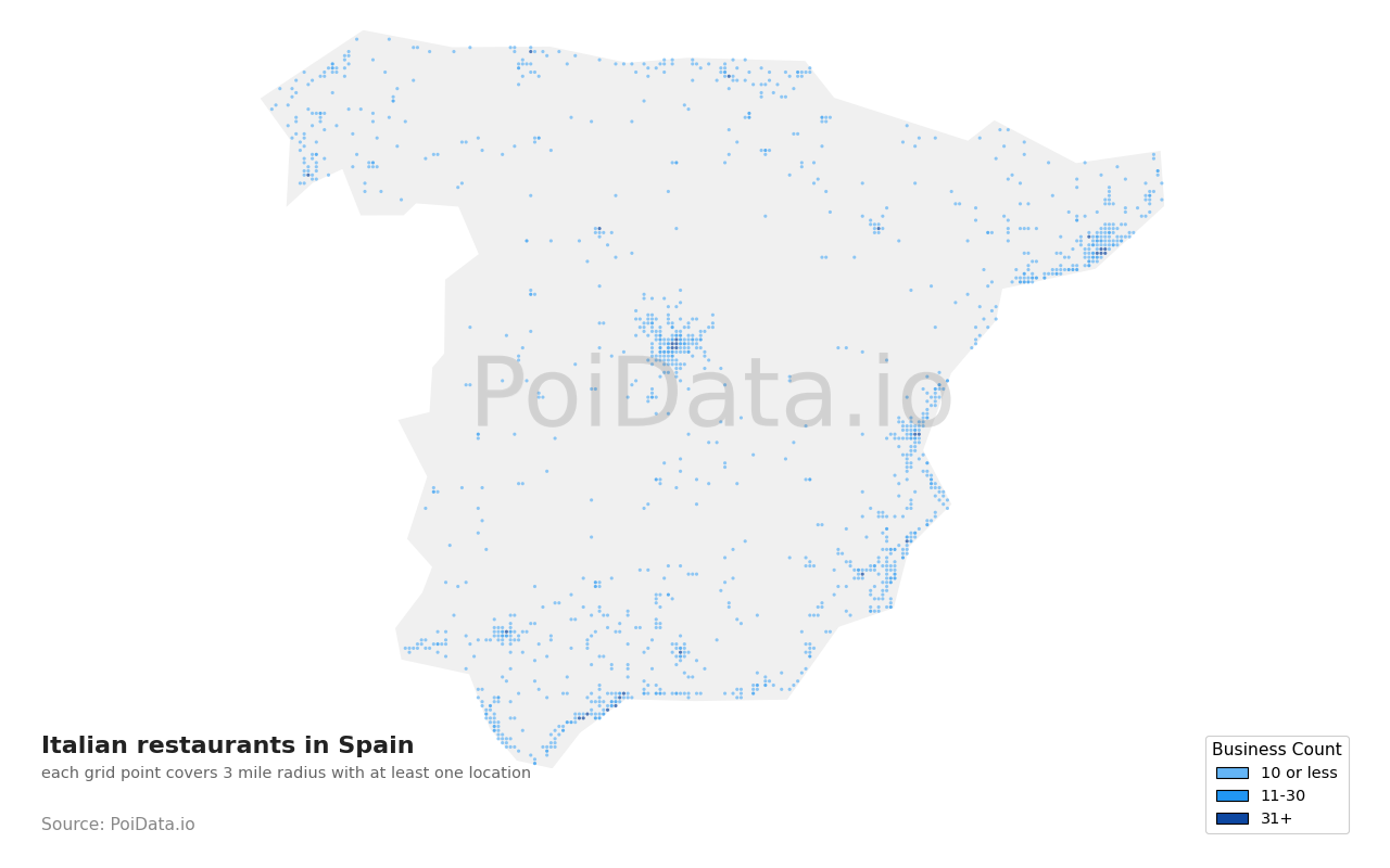 Italian restaurant density map for Spain