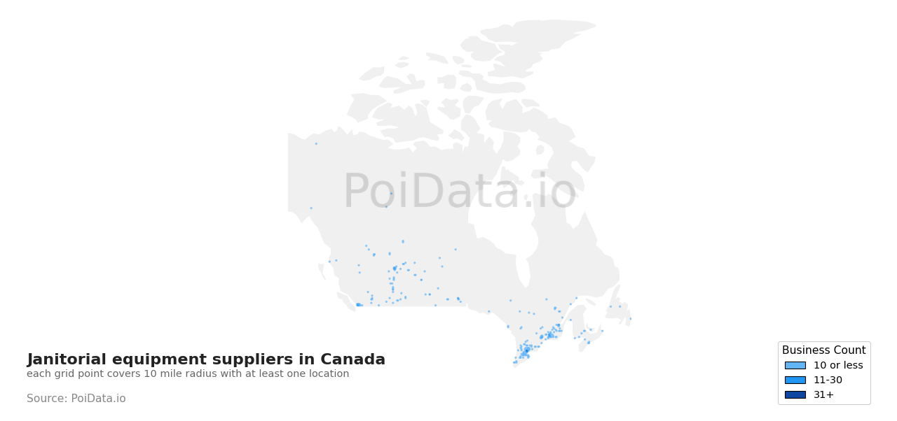 Janitorial equipment supplier density map for Nova Scotia, Canada