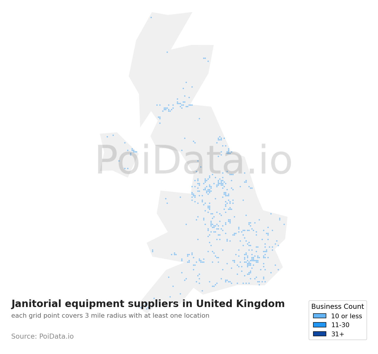 Janitorial equipment supplier density map for United Kingdom