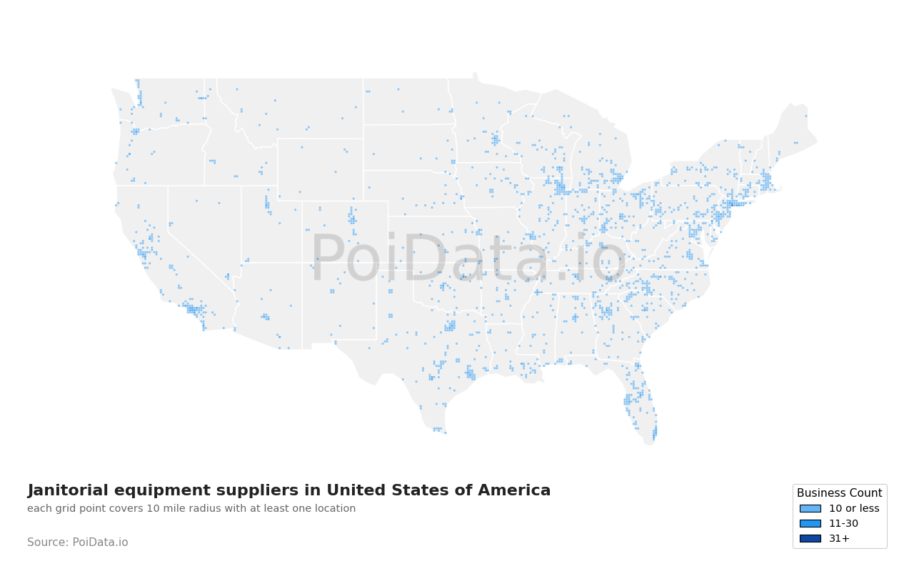 Janitorial equipment supplier density map for United States