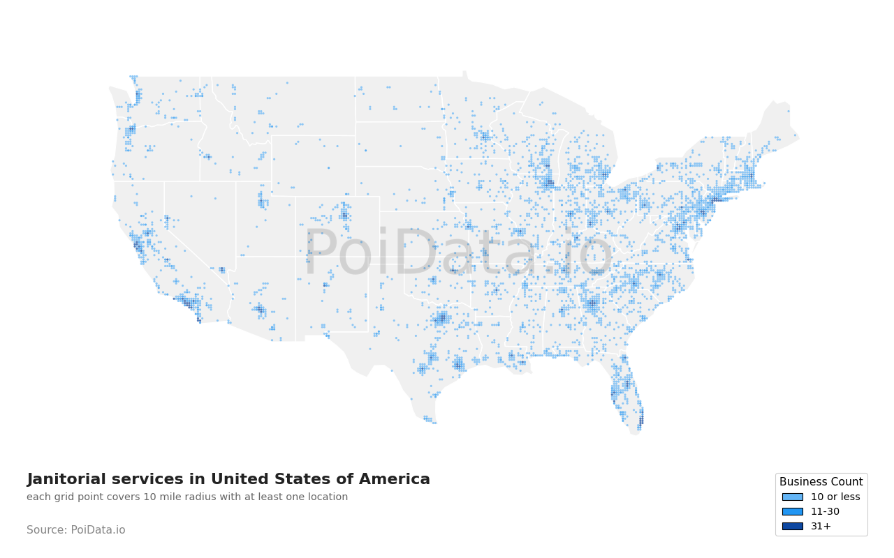 Janitorial service density map for Florida, United States